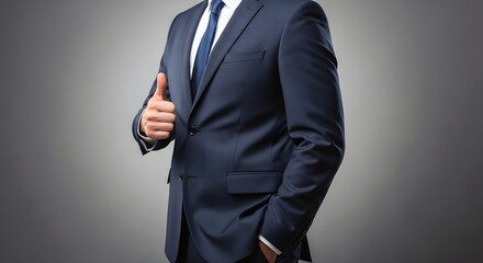 Businessman Giving Thumbs Up Wearing Dark Blue Suit on Gray Backdrop