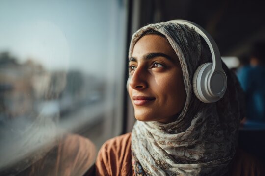 Woman riding on a train looking out the window