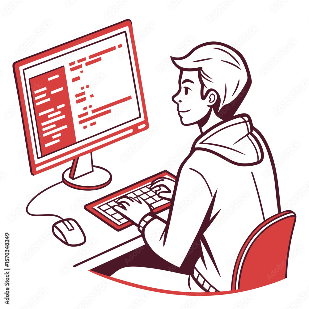 Poster young man coding at computer desk illustration