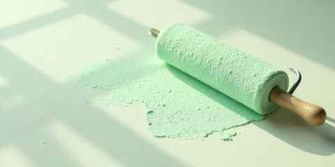 Rolling Pin and Pastel Green Substance on a Light Surface in Soft Light