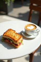A delightful toasted sandwich with fresh vegetables, served alongside a steaming cup of latte art coffee on a sunny patio table.
