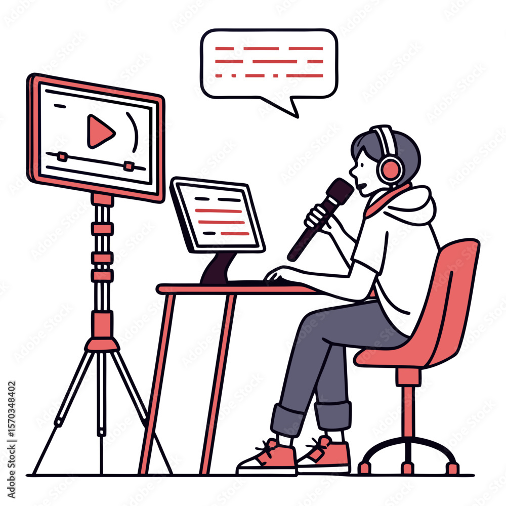 Poster young man live streaming podcast using computer and microphone