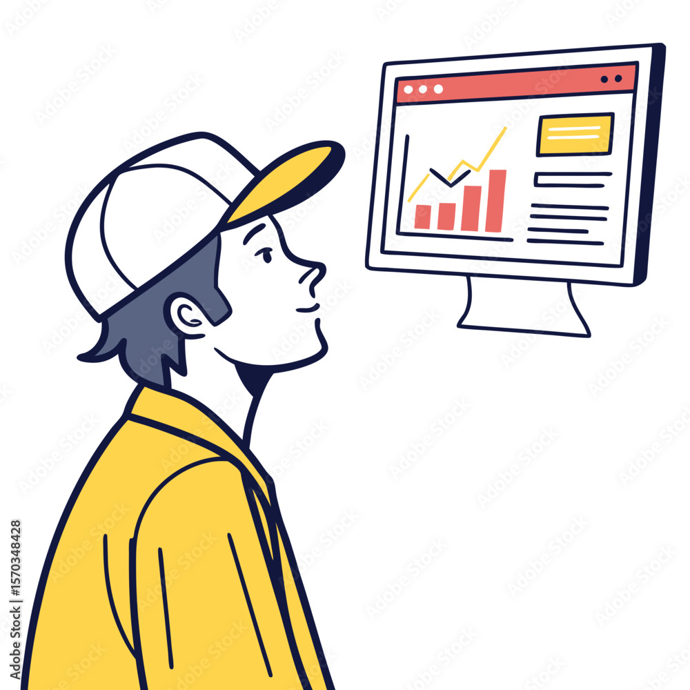 Poster young man reviewing data on computer screen