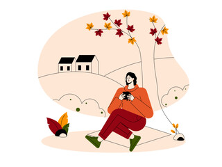 Woman sits relaxed enjoying a cup of warm drink in fall season under a tree. Fall season illustration. Autumn vector flat illustration.