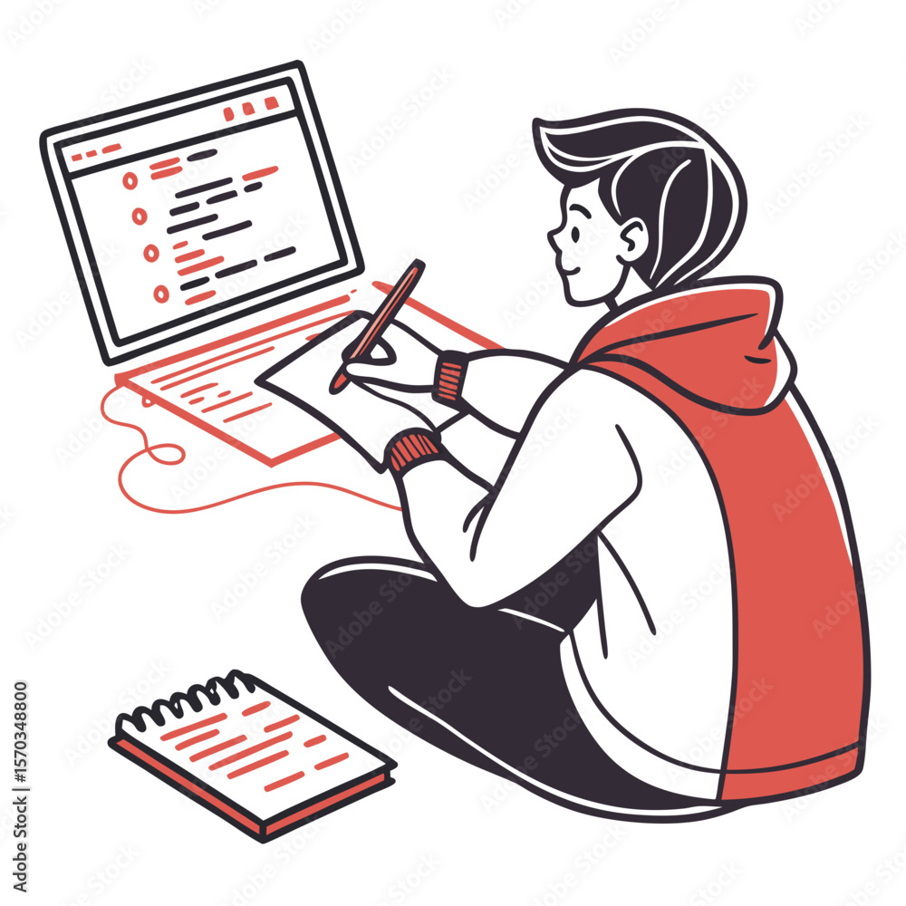 Poster young programmer coding on laptop and writing notes
