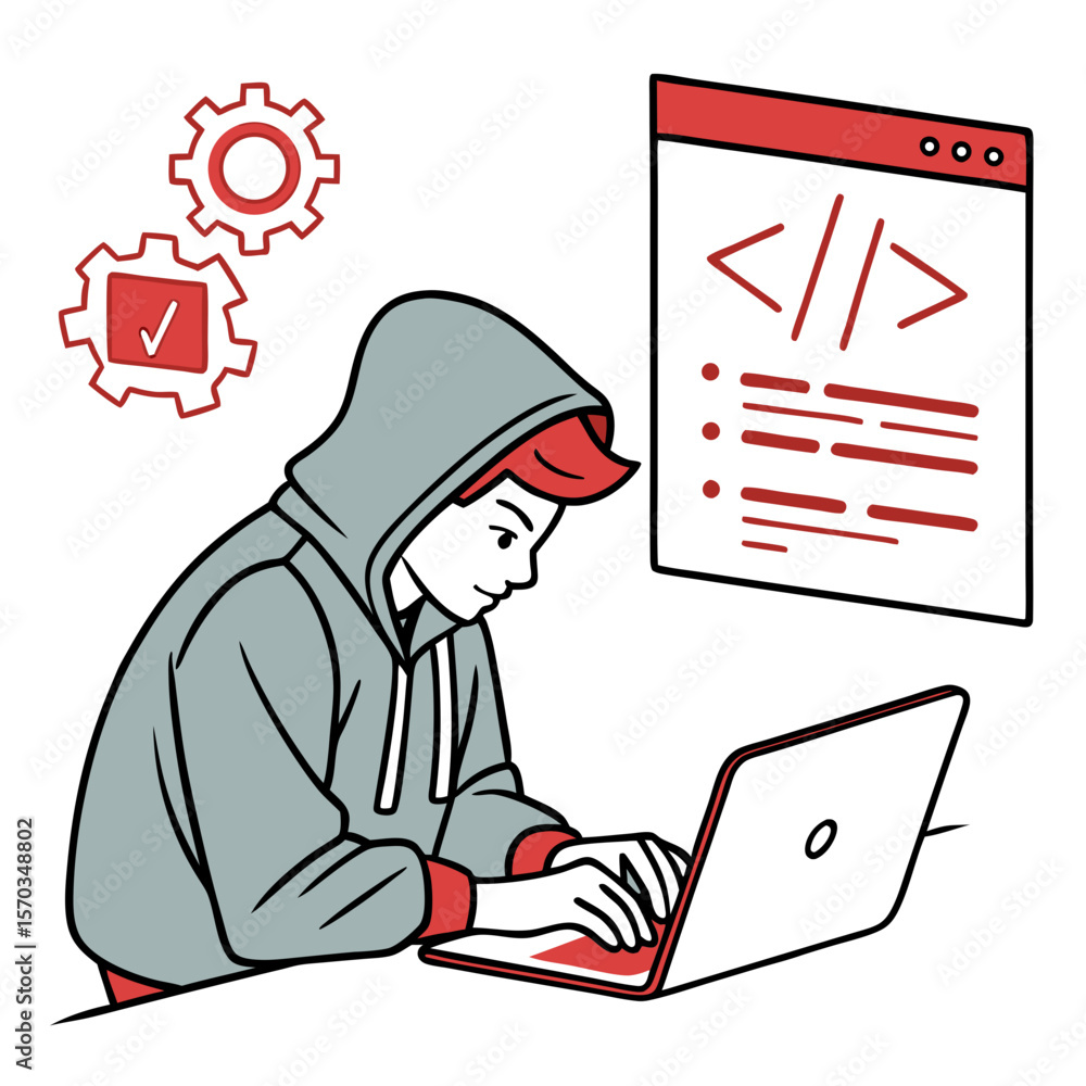Poster young programmer coding on laptop, red and grey illustration