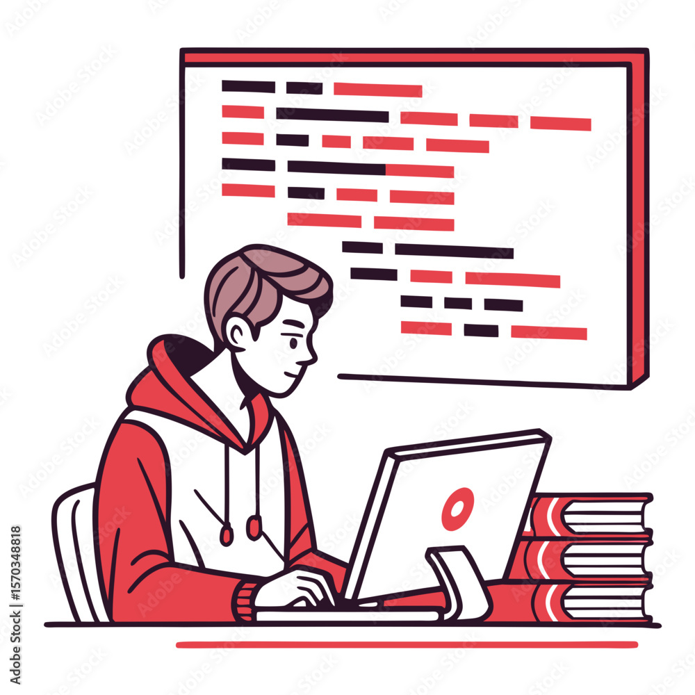 Poster young programmer working at computer in red and white minimalist illustration