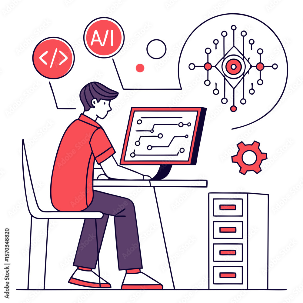 Poster young programmer working on ai project at desk