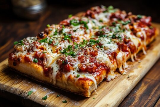 French Bread Pizza on Wooden Cutting Board - Delicious Baked Baguette Displayed Baguette.