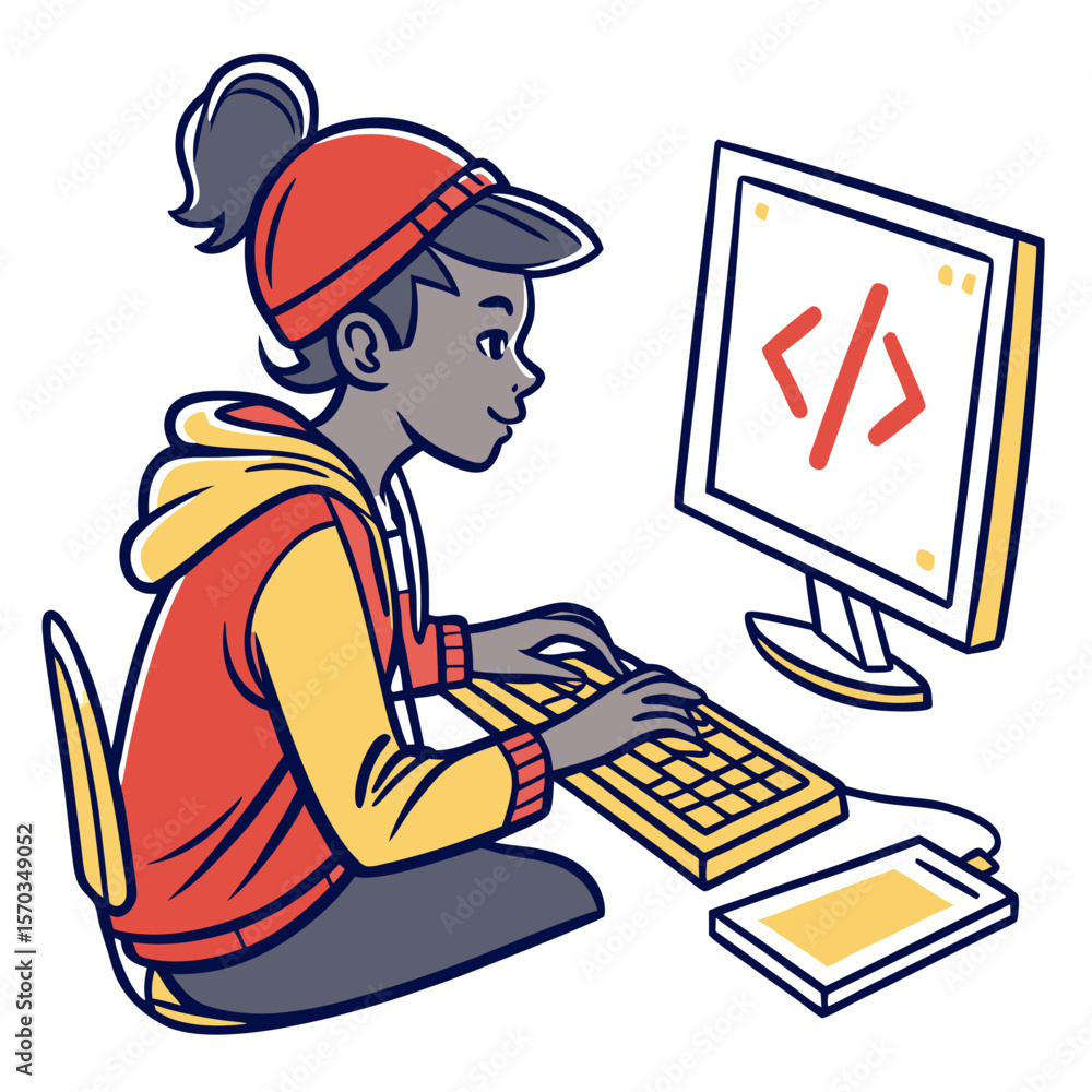 Poster young woman coding on desktop computer