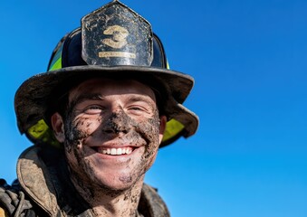 A firefighter with a dirty helmet and a dirty hat is smiling