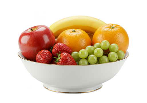 Isolated Transparent Bowl with Apple Orange Banana Grapes Strawberries