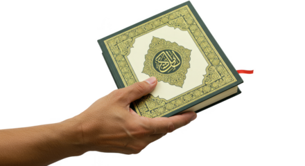 Religious Gold Quran Book in Hand Isolated Holy Islamic Prayer