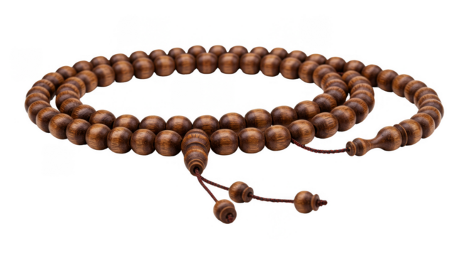 Isolated Wooden Prayer Beads Rosary Spiritual Meditation on Transparent