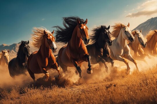 Horses galloping together in the desert landscape. Group of running gallop desert