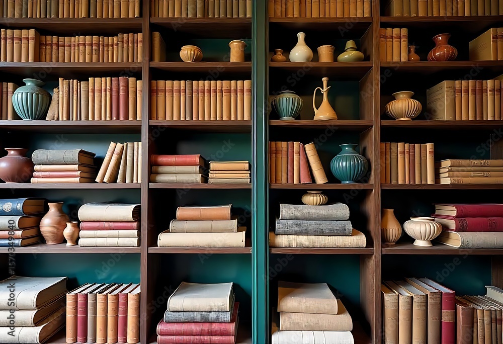 Poster generative ai richly detailed library bookshelf filled with old books and vases
