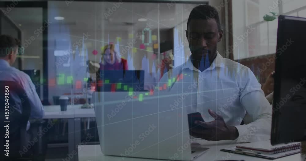 Poster worker monitoring screens and causing pulsing stock charts, grabbing phone, scrolling and speaking
