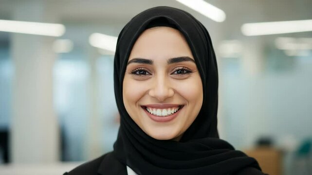Closeup portrait of a smiling muslim woman wearing a hijab