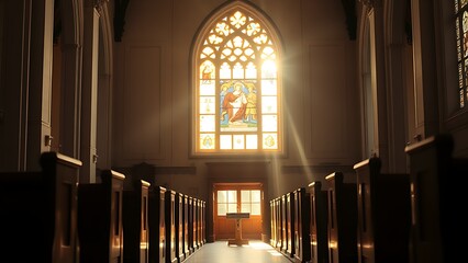 A peaceful church interior with stained glass windows, sunlight casting colorful patterns inside.