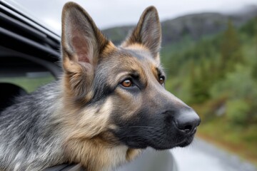 German shepherd enjoying scenic car ride through lush countryside landscape