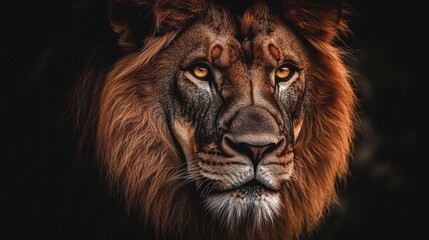 Fototapeta premium Majestic African male lion making direct eye contact in a close-up headshot looking into camera