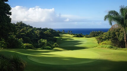 Scenic ocean view golf course fairway in Kauai, Hawaii with lush tropical foliage