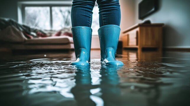 Man in blue boots standing water inside flooded building - dramatic Person with house