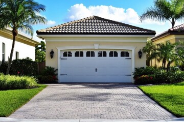 Modern single-story home featuring a tile roof and brick paver driveway in New one-story