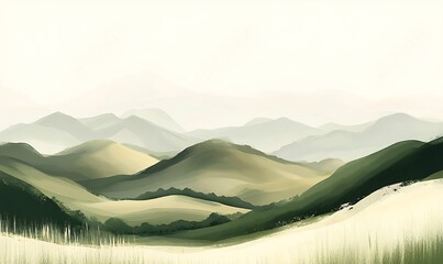 Gentle brush strokes in adobe and green with rolling hills and a soft light background. Endless green fields of wheat, full frame