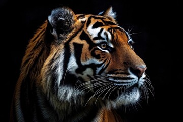 Fototapeta premium Portrait of a Sumatran Tiger (Panthera tigris sumatrae) in Front View, Isolated view on black