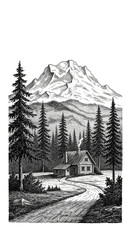 Isolated Winter Mountain Cabin Illustration with Pine Trees Scenery