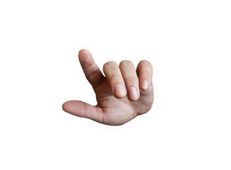 A man's hand pointing and aiming with his finger, touching the screen, pointing forward, with a...
