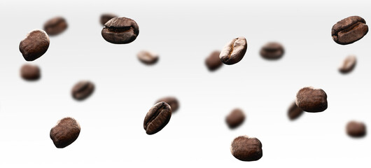 roasted coffee beans floating in the air with a white background