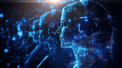 Futuristic customer support representatives with digital interface overlays