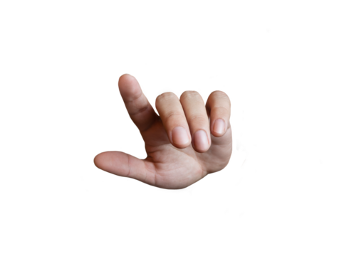 A man's hand pointing and aiming with his finger, touching the screen, pointing forward, with a transparent background png