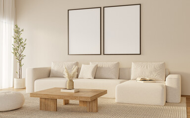 Two Vertical Poster Frames Above Cream Sofa in Cozy Scandinavian Living Room – Interior Wall Mockup Scene
