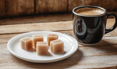 A plate of sugar cubes sits next to a cup of coffee