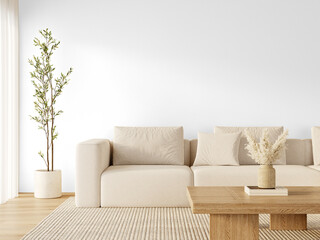 Modern beige sofa corner with plant and wooden coffee table on rug – Transparent Wall Mockup with...