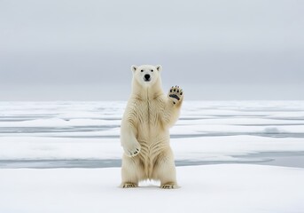Humorous And Friendly Polar Bear Stands Upright On The Arctic Ice And Appears To Wave Its Paw At The Camera In A Snowy Landscape, Arctic Wildlife, Humorous Animal, Climate Change