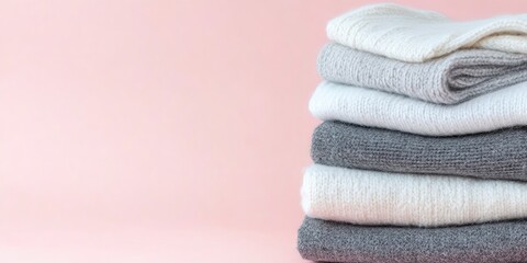 A stack of white and gray knit sweaters on a pink background