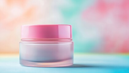 A small pink jar of cream sits on a blue surface