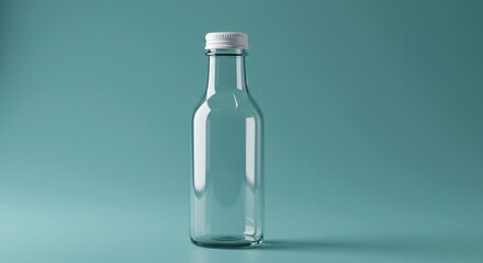 Fototapeta premium Minimalist clear glass bottle with white cap on a serene turquoise background