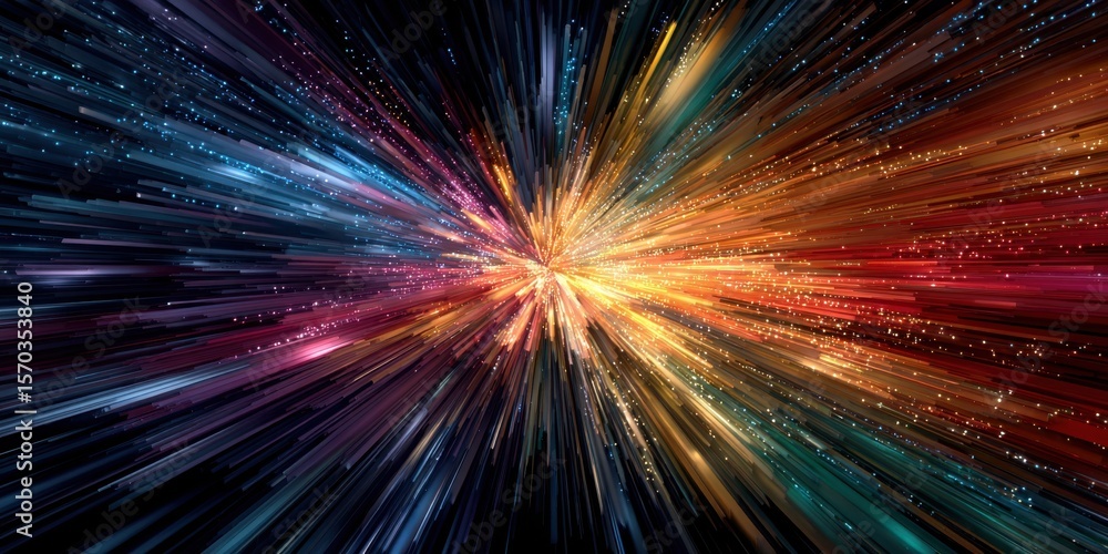 Poster exploding starburst of colorful light streaks and particles abstract background