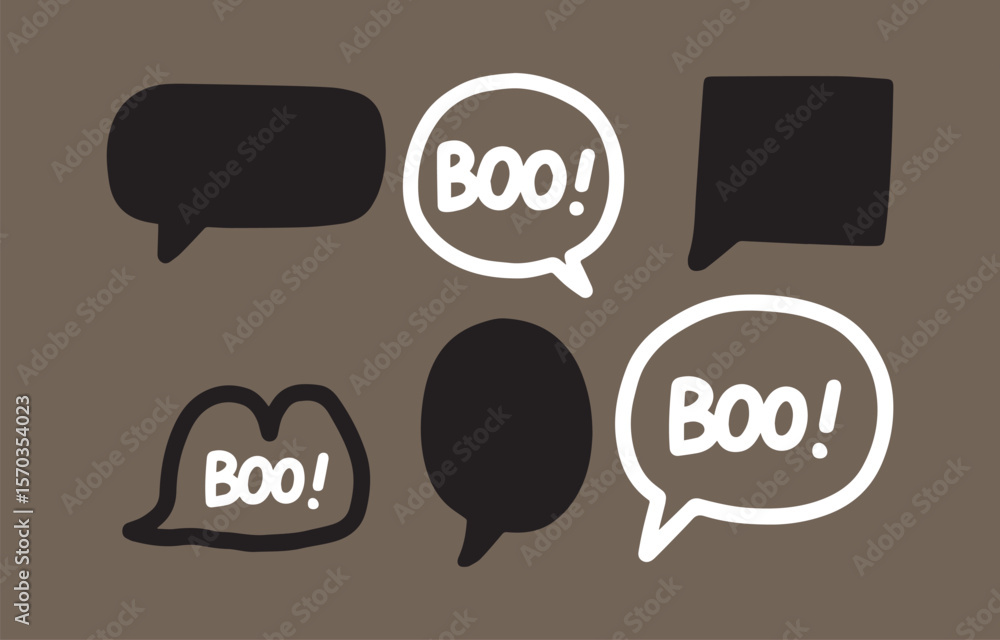 Aufkleber a collection of six speech bubbles some filled with the word boo in white text on a brown background