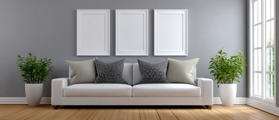 Modern living room with a white sofa, patterned cushions, potted plants, three blank wall frames, and natural light from large windows.