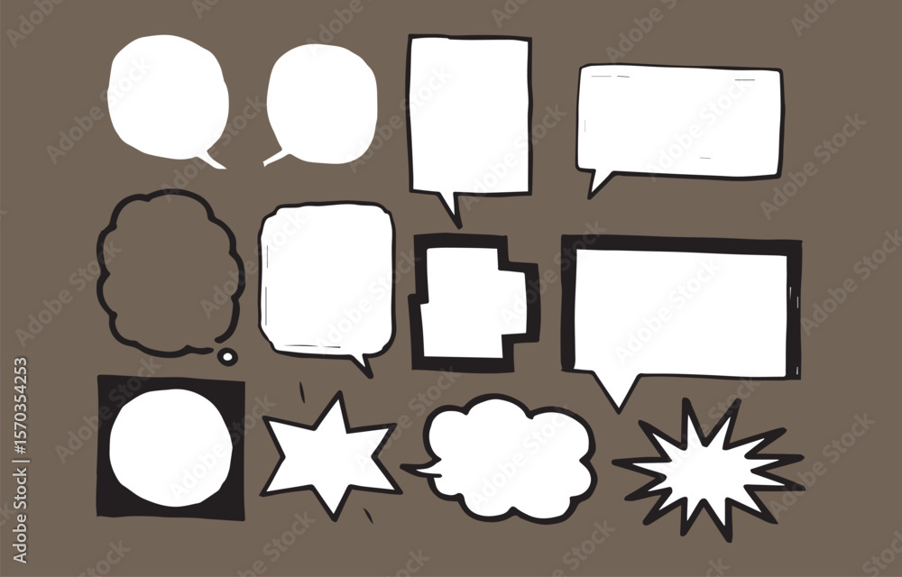 Poster a collection of hand drawn speech bubbles and comic book style thought bubbles in various shapes and