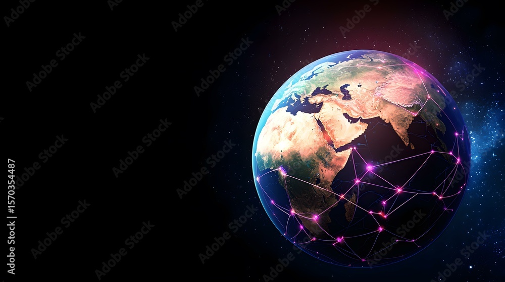 Poster the image shows a stylized earth globe in space, enveloped in a network of glowing lines, symbolizin