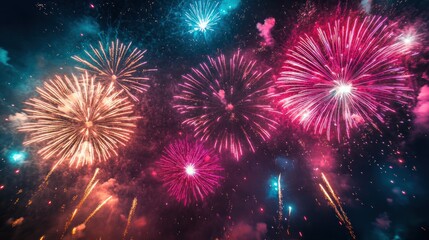 Fototapeta premium Spectacular pyrotechnics display illuminates the dark sky with vivid colors