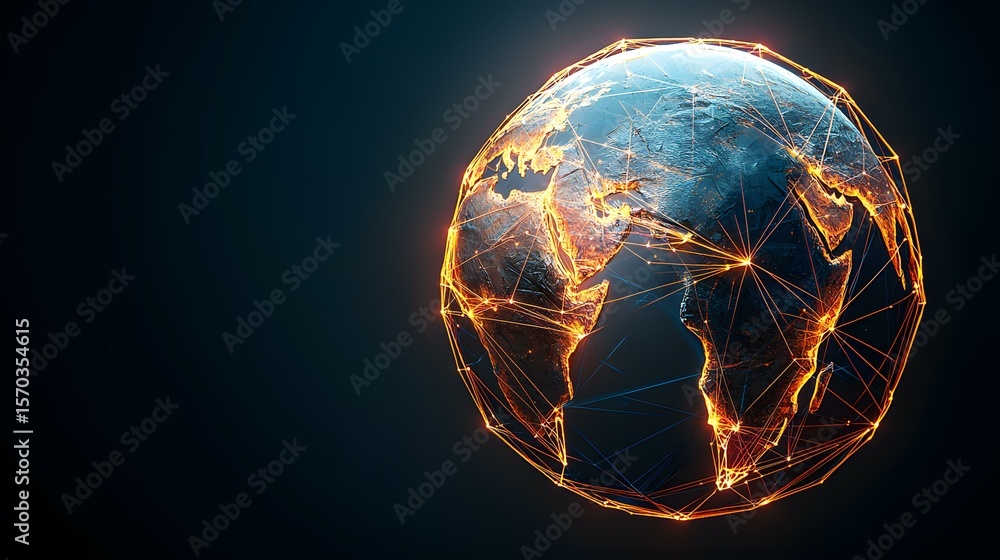 Poster a digital rendering of the earth, encased in a glowing network of interconnected lines, highlighting