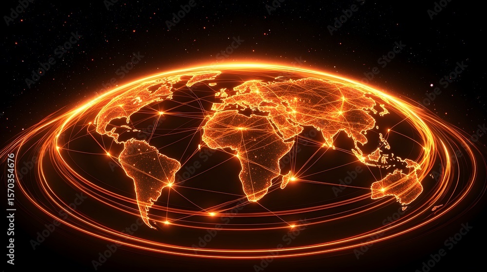 Poster a glowing orange world map is depicted, interconnected by lines of light, representing global networ